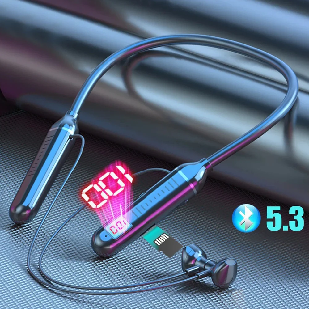 سماعة أذن لاسلكية بشريط حول الرقبة HiFi جودة صوت بلوتوث 5.3 مع شاشة LED للطاقة وسماعات أذن معلقة على الرقبة