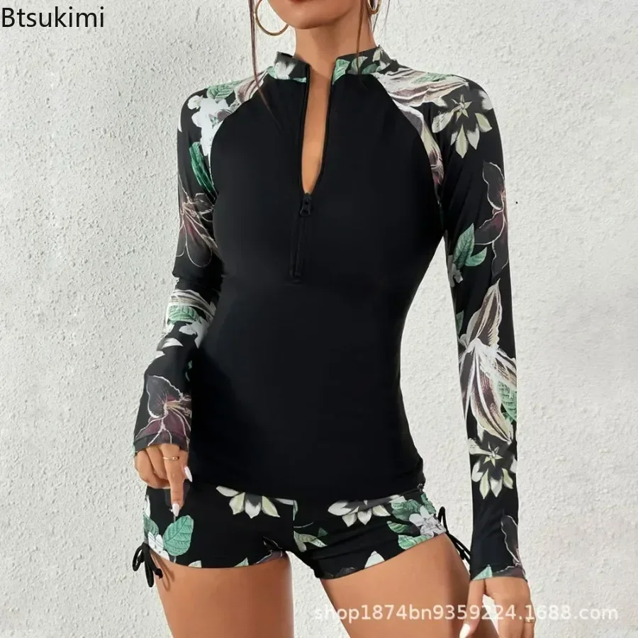 جديد 2025 المرأة طويلة الأكمام ملابس السباحة الرياضة تصفح الإناث Tankini مجموعة بحر قطعتين لباس سباحة النساء لباس سباحة