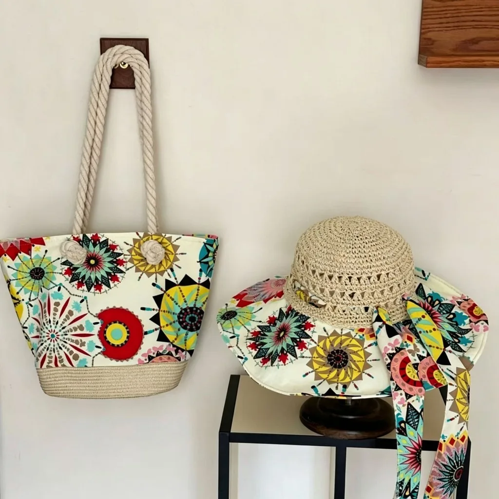 

Vintage Mandala Print Beach Bag Straw Hat Set Casual Summer Vacation Sunshines Hat Lady Canvas Rope Handle Travel Totes Handbags