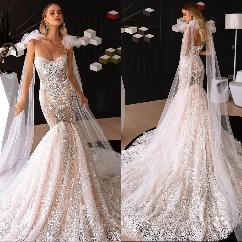 حمالة أنيقة فساتين الزفاف الحبيب أكمام يزين زي العرائس الدانتيل شال رداء دي Vestido