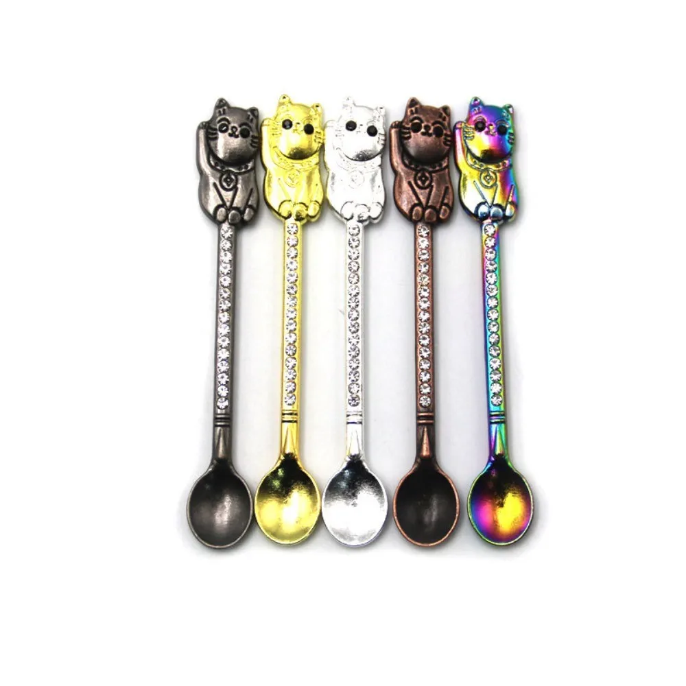 Cat Shaped Diamond Inlaid Metal Small Spatula Spoon Micro Adjustment Spoon Multipurpose Smoking Accessory Kitchen Gadget view 3