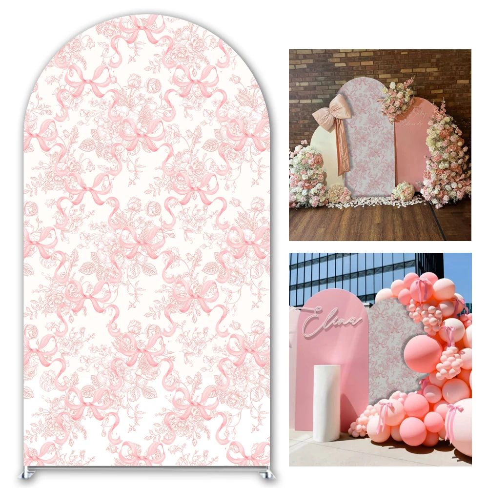 Розовый фон с бантом и аркой, нарисованный вручную чехол Toile de Jouy, арочные подставки для Sweet 16, свадебный душ, украшение для вечеринки для девочек