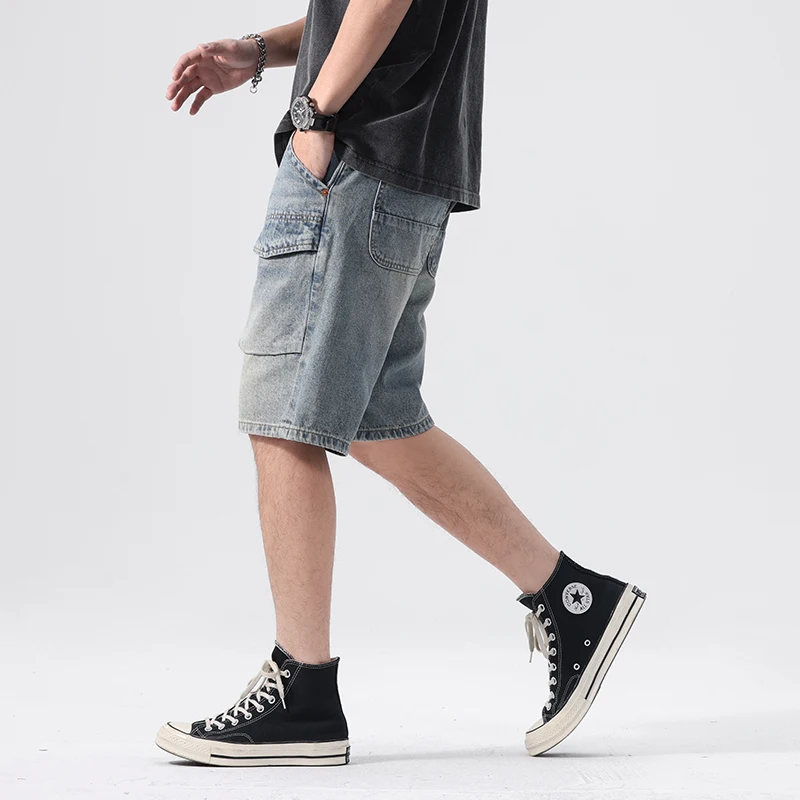 Celana Pendek Bermuda Lurus Longgar Gaya Jepang untuk Pria Pakaian Kerja Kasual Musim Semi/Musim Panas Jeans Denim Trendi Pakaian Jalanan Ukuran Besar 40 42