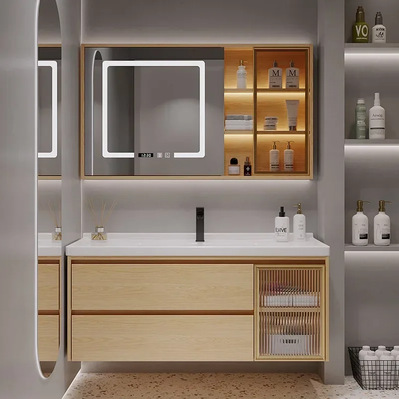 

Wooden Bathroom Cabinets Toilet Closet Mirror Locker Bathroom Vanity Cabinet with Sink Display Washbasin Home Bathroom Furniture