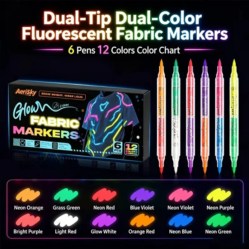 Neon Fluorescent Fabric Paint Markers Dual Tip UV Glow Pen for T Shirt Shoes Textile DIY Party Graffiti Drawing Highlighter Pen