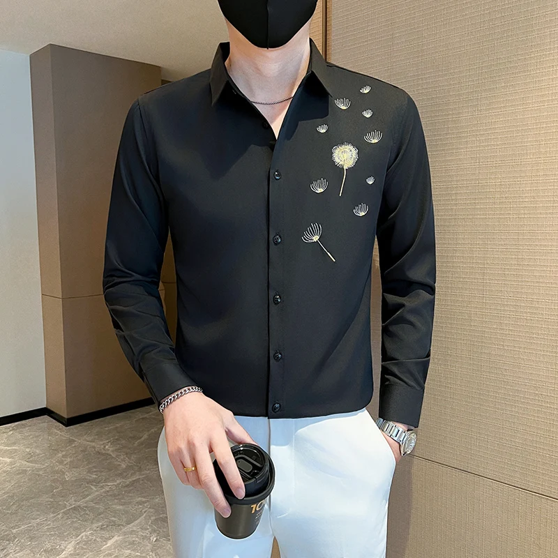 

2025 Autumn Winter Embroidered Long Sleeved Shirt Men Slim Fit Business Casual Dress Shirts Social Nightclub Men's Clothing