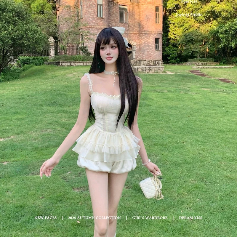 2025 Autumn Princess Style Lace Trim Slimming Camisoles Hot Girl Top And Shorts For Women's Kawaii Clothes Y2k Boat Neck Slings