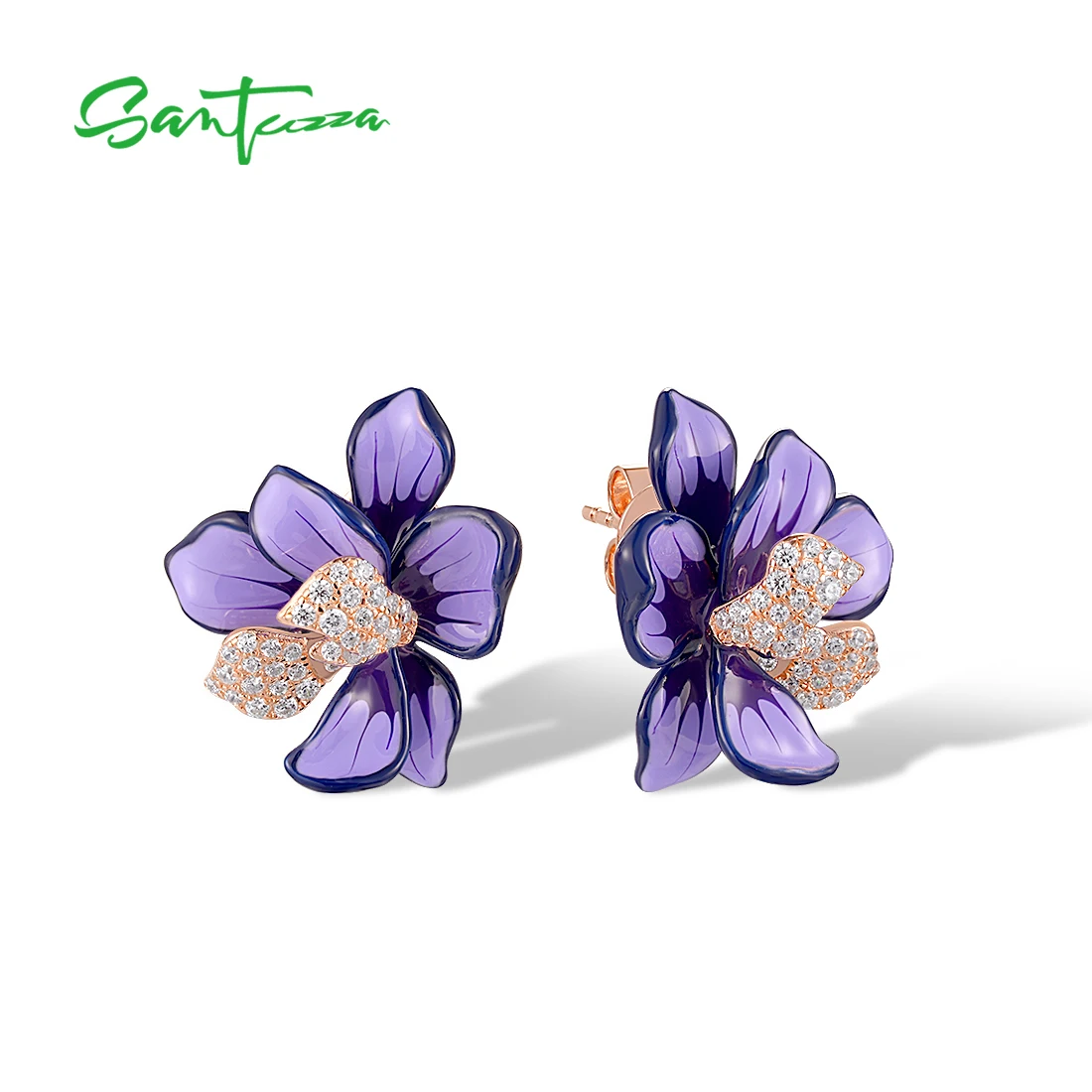 SANTUZZA – boucles d'oreilles en argent Sterling 925 pur pour femmes, fleur scintillante en émail violet et blanc, bijoux fins de fête Chic de mariage
