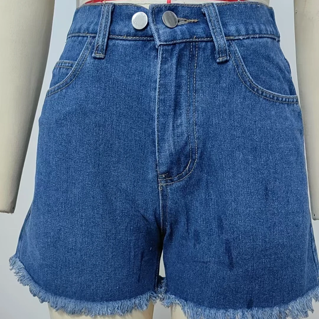 

2026 Shorts Women Washed Jeans Vintage Distressed Pockets Elastic Waist Tassel Short Pants Streetwear Y2k Straight Denim Club