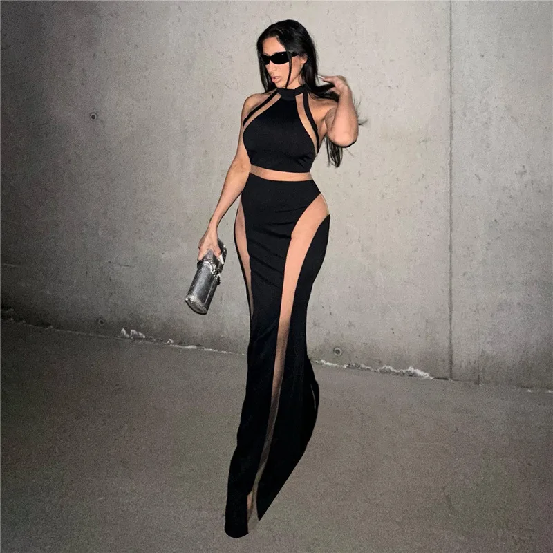 Elegant Women 2 Piece Set Sleeveless Mock Neck Crop Tank Top Long Maxi Hip Skirts Matching Set 2023 Summer Sexy Evening Vestidos