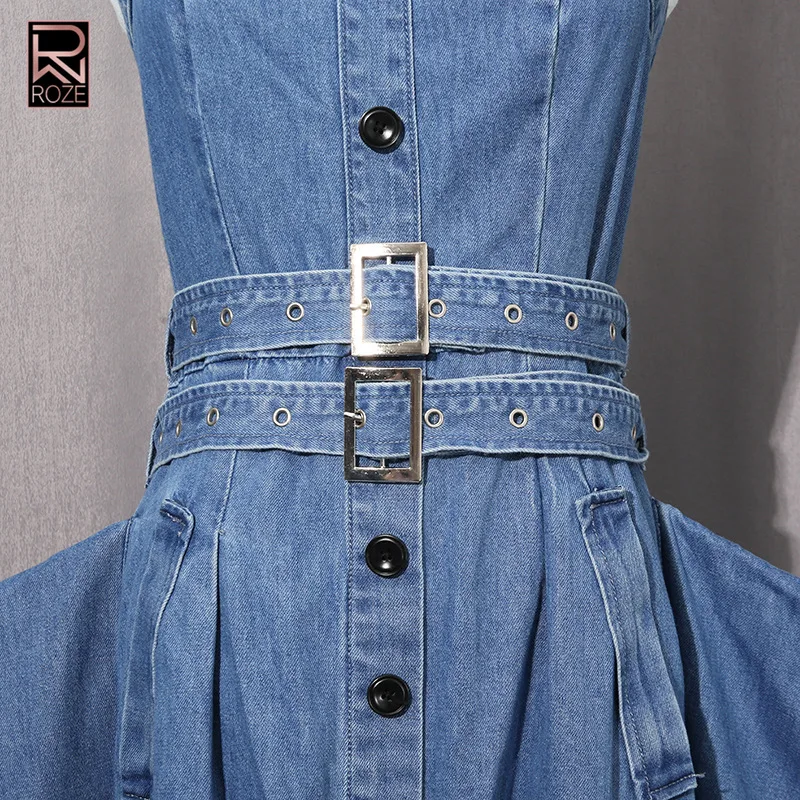 프렌치 레트로 스타일 데님 맥시 드레스 2025 - 버튼과 타이 웨이스트가 있는 코르셋 뷔스티에