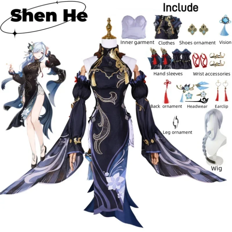 

Game Genshin Impact Shen He Lantern Rite Cosplay Costume Frostflower Dew Dress Adult Uniform Wig halloween Women Character Suit