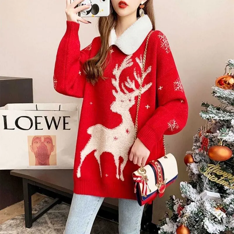 Christmas Elk Knitted Sweaters Female Clothing Sweet Peter Pan Collar 2023 Autumn Winter Long Sleeve Stylish Snow Korean Jumpers