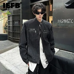 IEFB High Street Men's Denim Jackets Zipper Patchwork Metal Design Shoulder Pads Loose Solid Color Male Short Coats Tide 12C1526