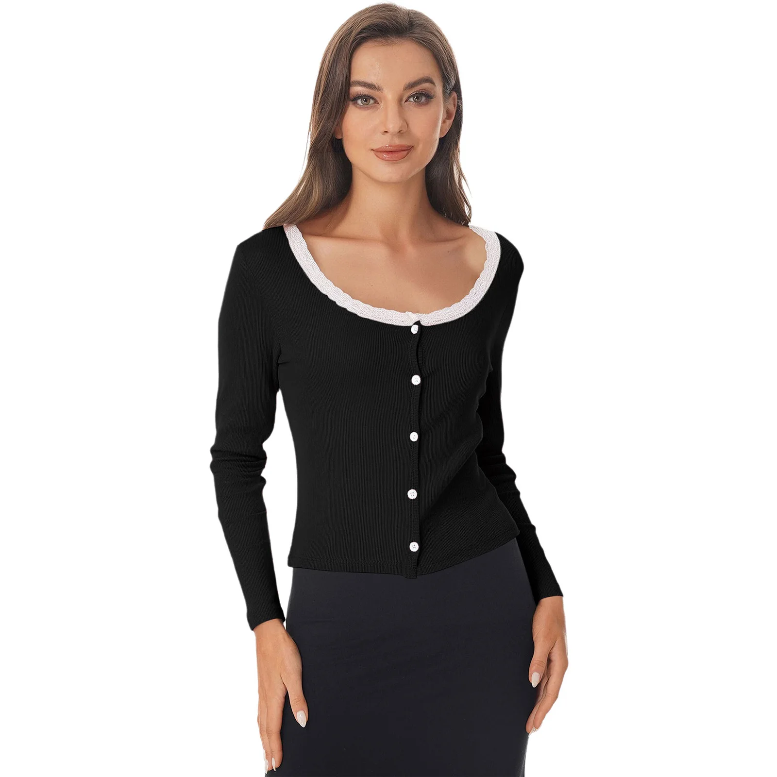 

Женский повседневный вязаный кардиган с длинным рукавом и пуговицами спереди, вырез с кружевной отделкой, укороченный свитер с плечами, верхняя одежда для офиса, повседневная одежда