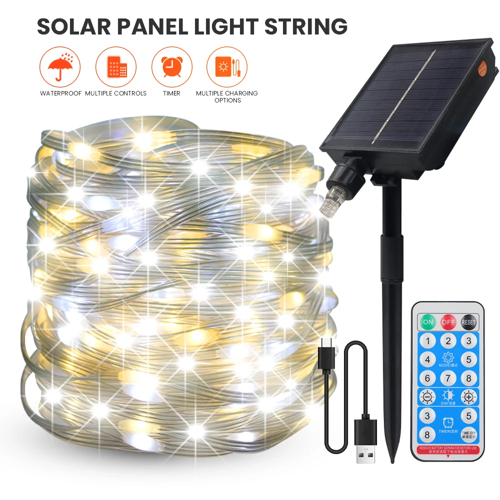 

USB Solar LED String Light with Remote20m 200Leds Fairy Garland Lights Dual Color White Warm white Waterproof String Lights 24V