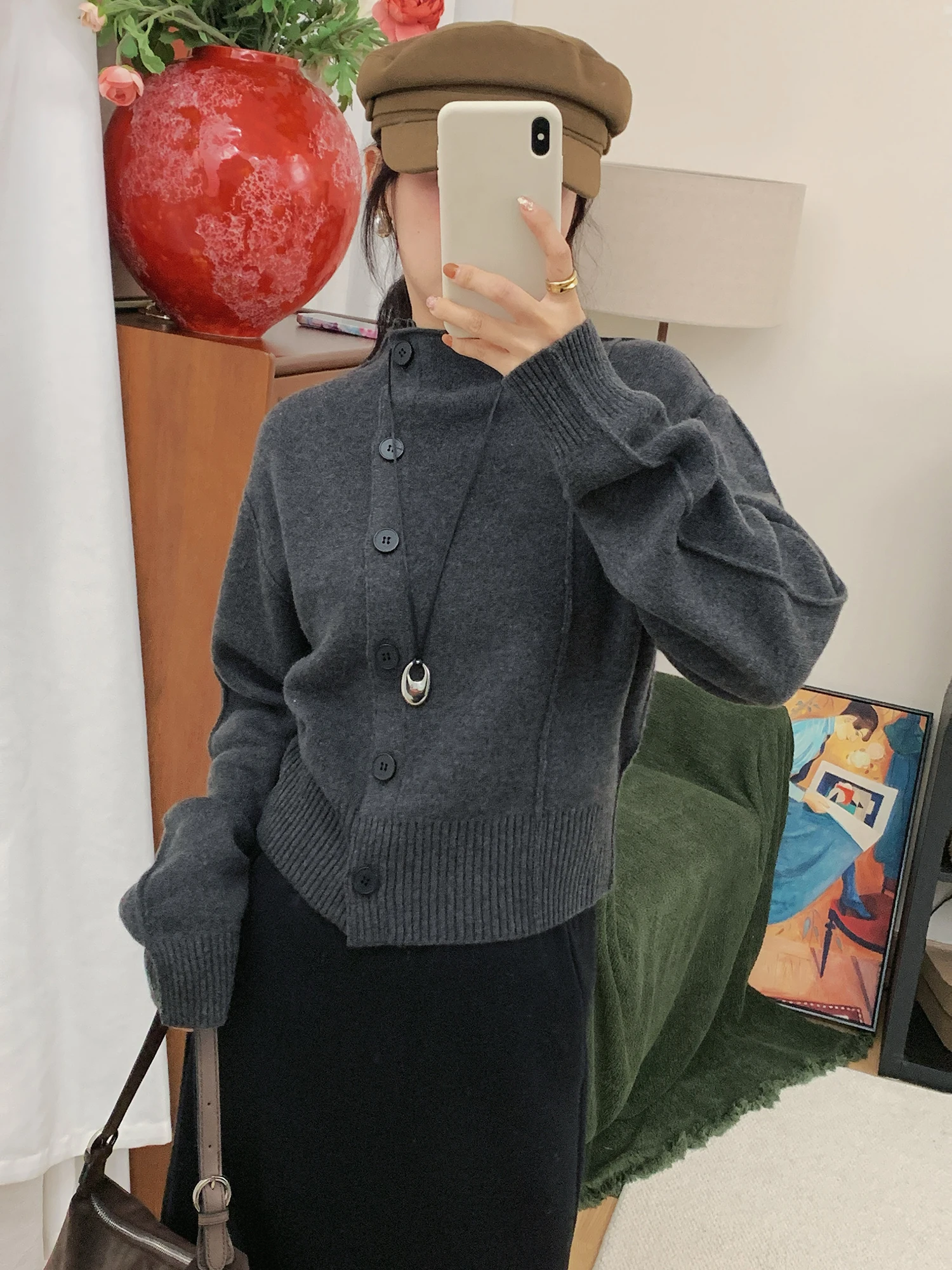 

Jianding Beautiful Merino Wool Open Cardigan Women's Stand Collar Design Autumn Winter Knitted Sweater Outerwear Four Flat St...