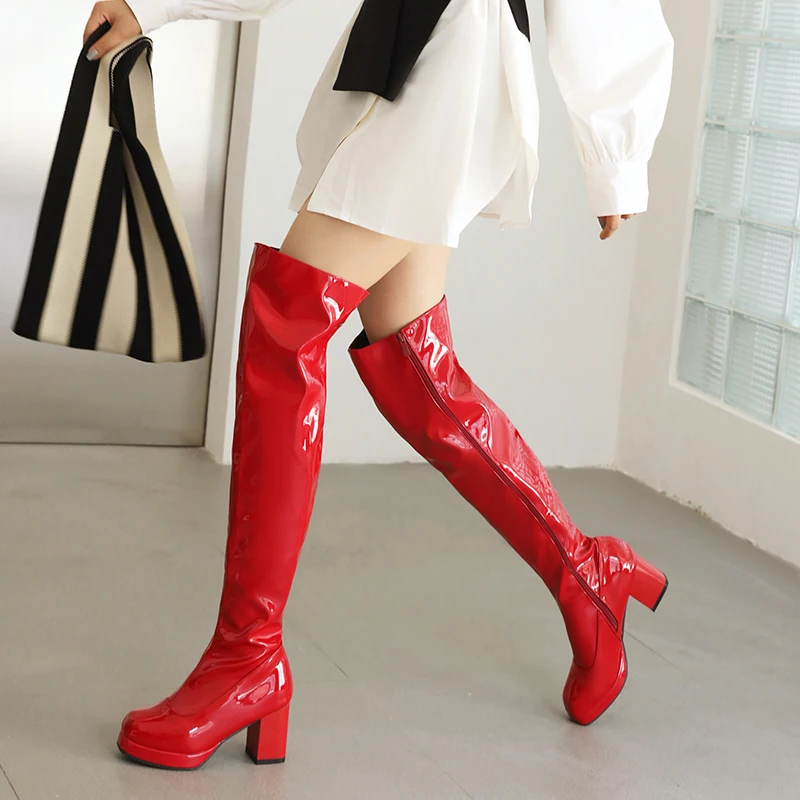 Bright Patent Leather Candy Color Plus Size Women\'s Over The Knee Boots Platform Square Toe Chunky Heel Plush Lining Winter Boot