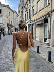 2024 Bazaleas Store Traf Women's Dresses Elegant Yellow Midi Dress Backless Tie Dress Official