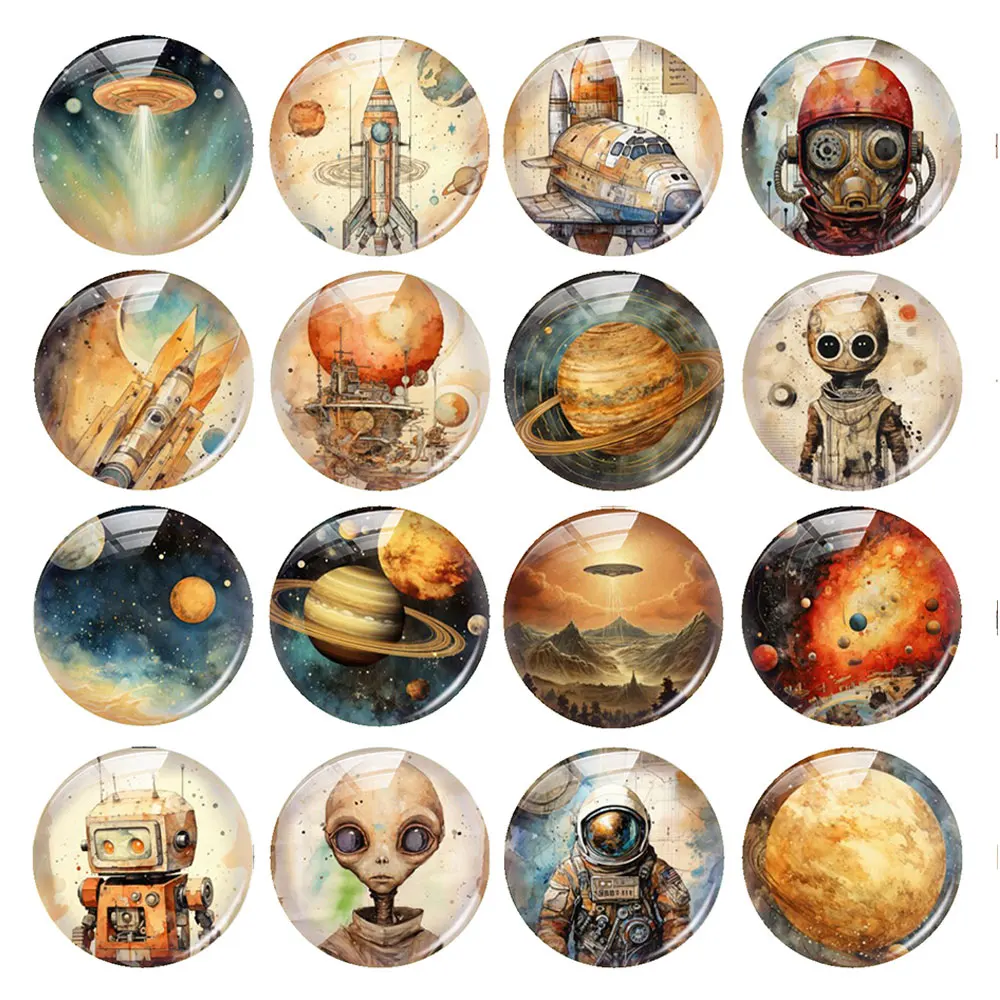 Random Mixed Round/Oval/Square Vintage Space Astronaut Alien Photo Glass Cabochon Flatback Demo Cameo For Diy Jewelry Making