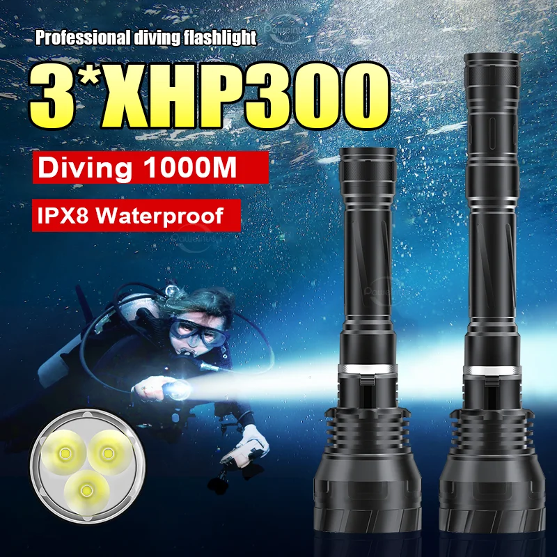 Most Powerful 3*XHP300 Professional Diving Flashlight Underwater IPX8 Waterproof Dive Torch Scuba Diving Fishing Flashlights