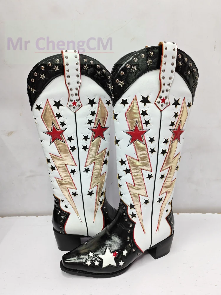 Women\'s Tall Western Cowboy Cowgirl Boots Knee High Boots Women Designer Punk Vintage Star Boots 2024 Spring New