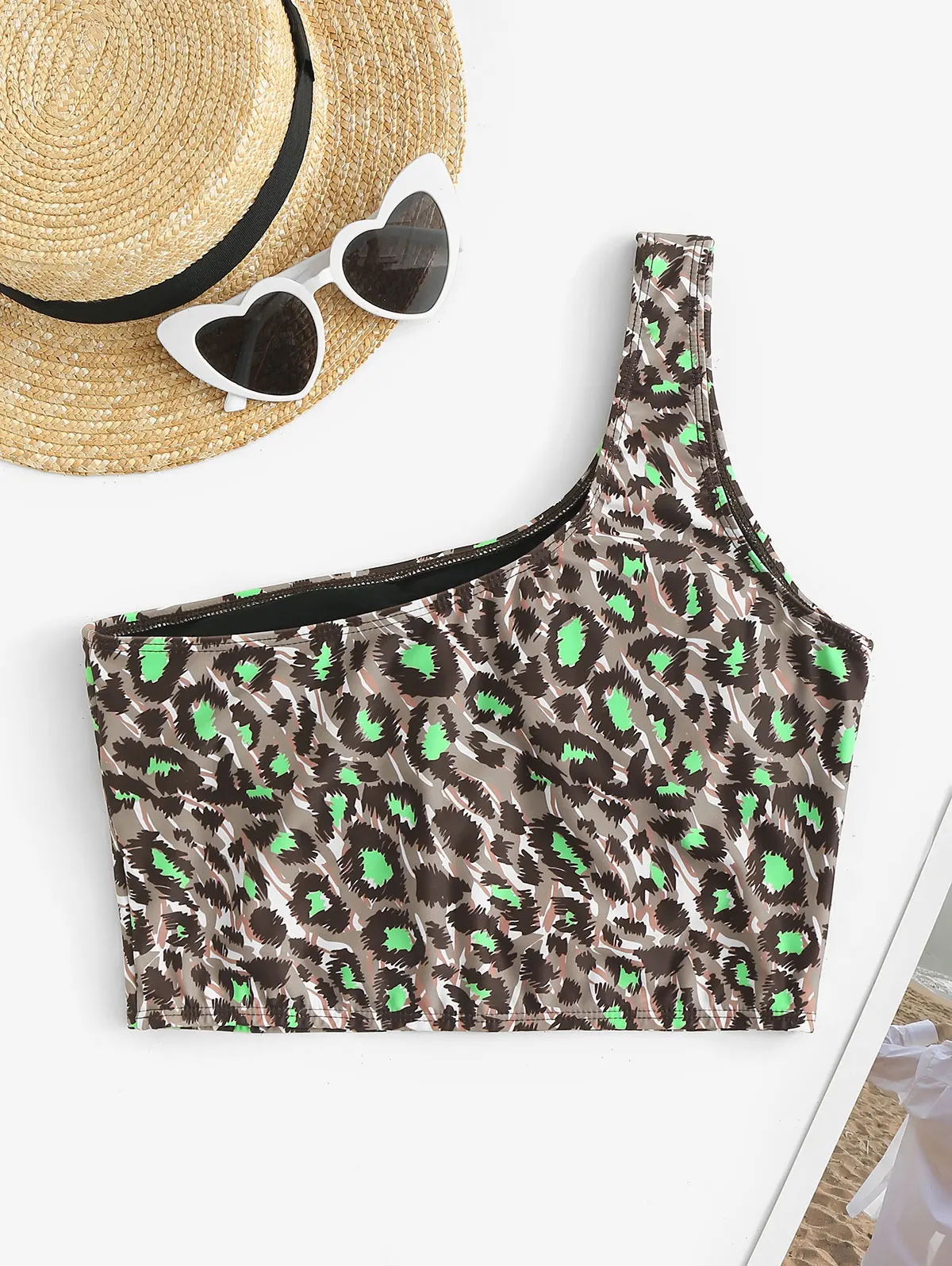 ZAFUL Leopard Animal Print One Shoulder Swim Top