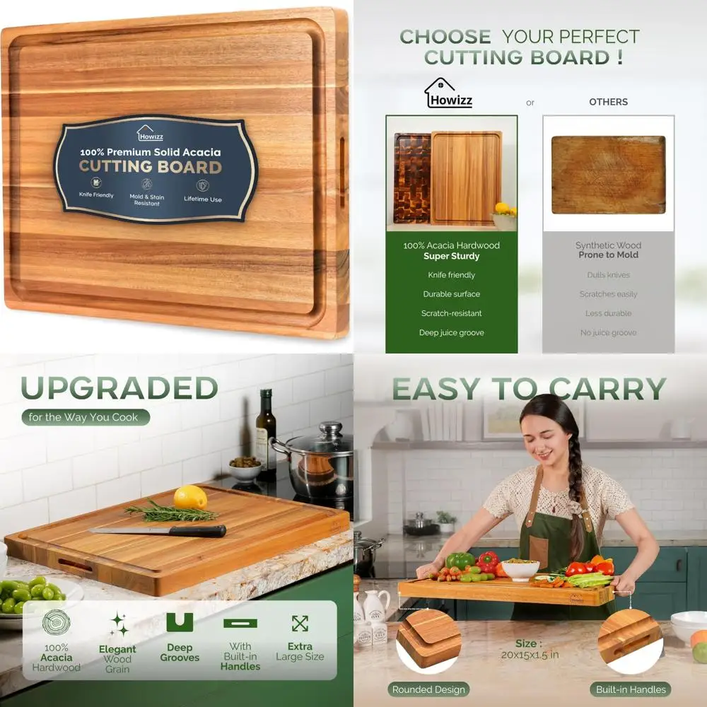 

Большая разделочная доска из дерева акации — твердый мясной блок с толстым краем для кухни, предварительно масляный нетоксичный поддон для резьбы соком