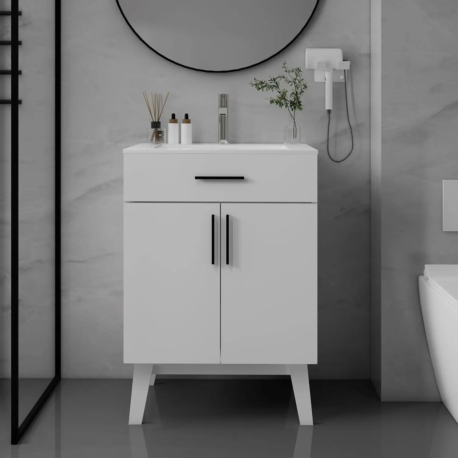

24" Bathroom Vanity Sink Combo Soft Close Doors Metal Handles Modern Cabinet White Customized