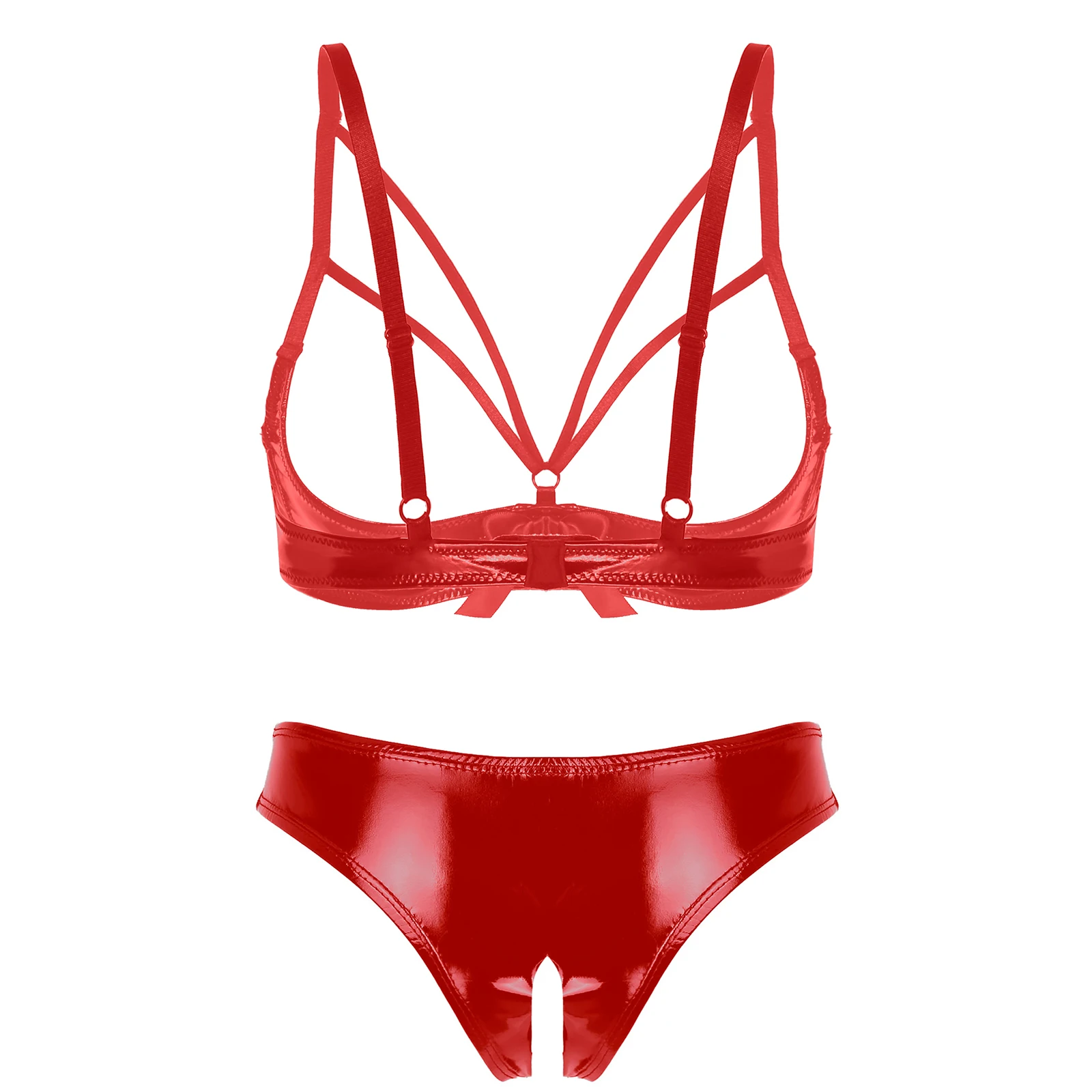 Womens Wet Look Patent Leather Sexy Lingerie Set Underwear Strappy Open Cup Bowknot Underwired Bra Tops with Crotchless Briefs