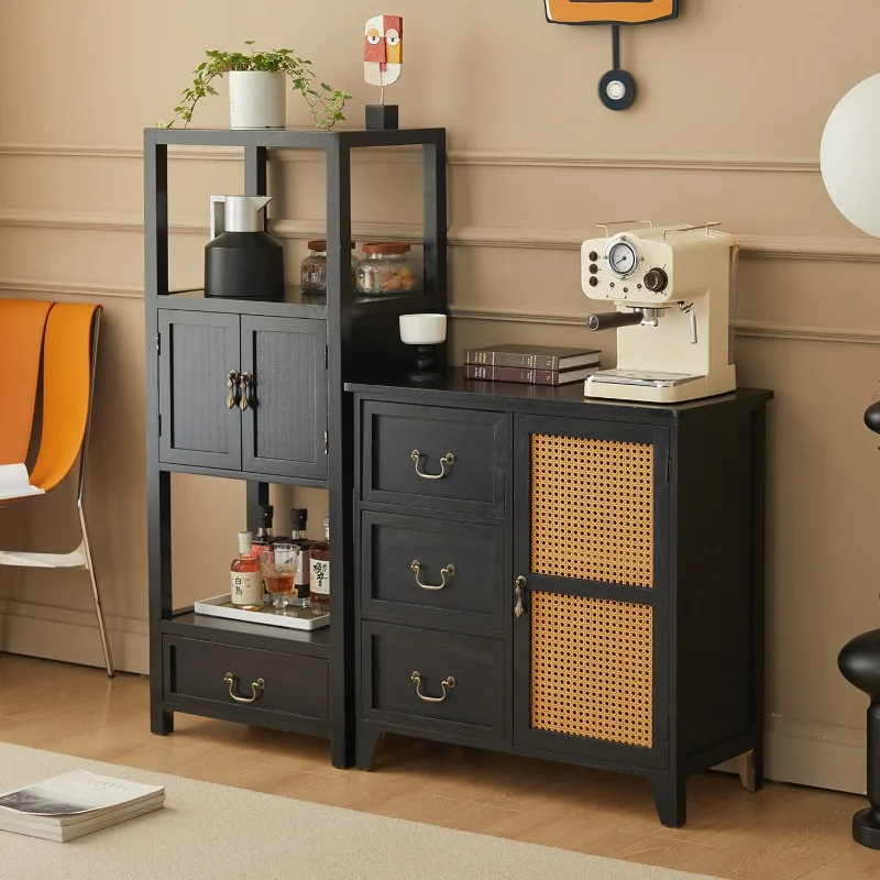 Solid wood edge few lockers, black double door drawers, storage cabinets, living room home shelves, bay windows, and small cabin
