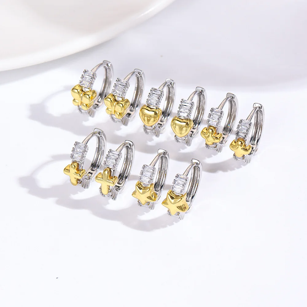 3Pair versatile simple copper plated two-color butterfly love five-pointed star cross four-leaf clover earrings ear buckle women