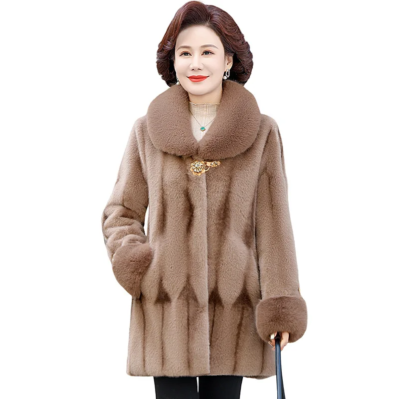 เสื้อโค้ทขนเฟอร์เทียมคุณภาพสูงสำหรับผู้หญิง ฤดูหนาว หนา อุ่น แจ็คเก็ตขนเฟอร์ สำหรับคุณแม่วัยกลางคน เสื้อคลุมยาวปานกลาง เสื้อคลุมตัวนอก