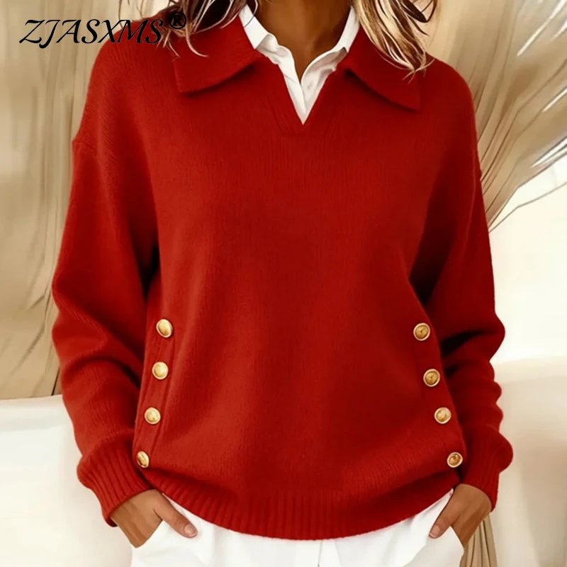 

Autumn Casual Turn-down Collar Knitted Sweater Woman Elegant Button Design Simple Top Pullover Winter Long Sleeve Loose Knitwear