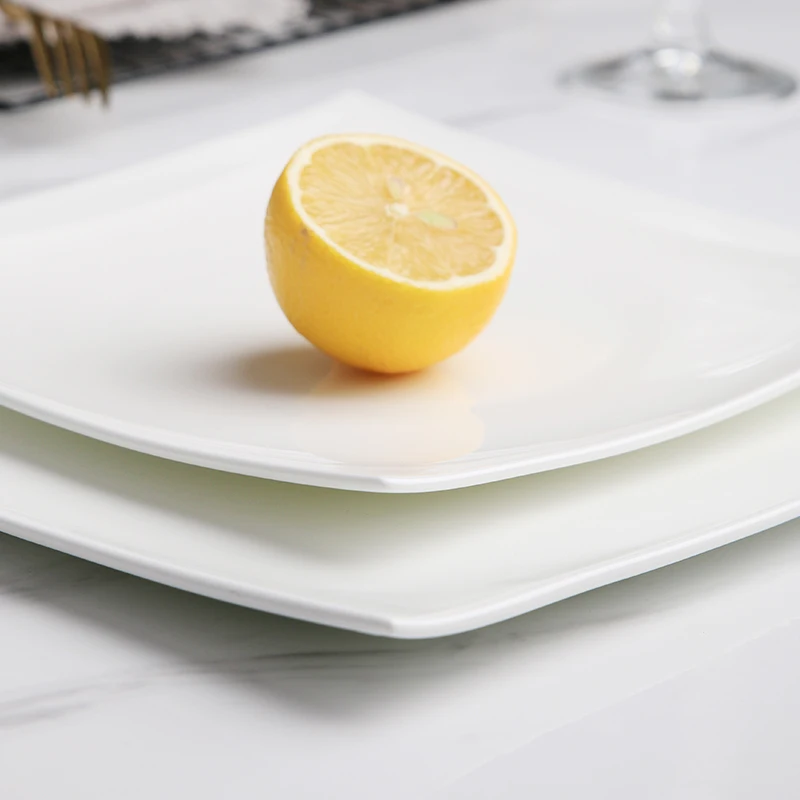 Pure White Square Bone China Steak Plate Western Plate European Creative Simple Household Flat Plate Ceramic Main Dish Tableware