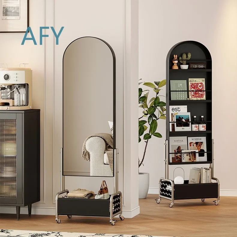 Movable Floor Mirror for Home Living Room Decor with Rotating Base Antique Style Magazine Rack Integrated Standing Full