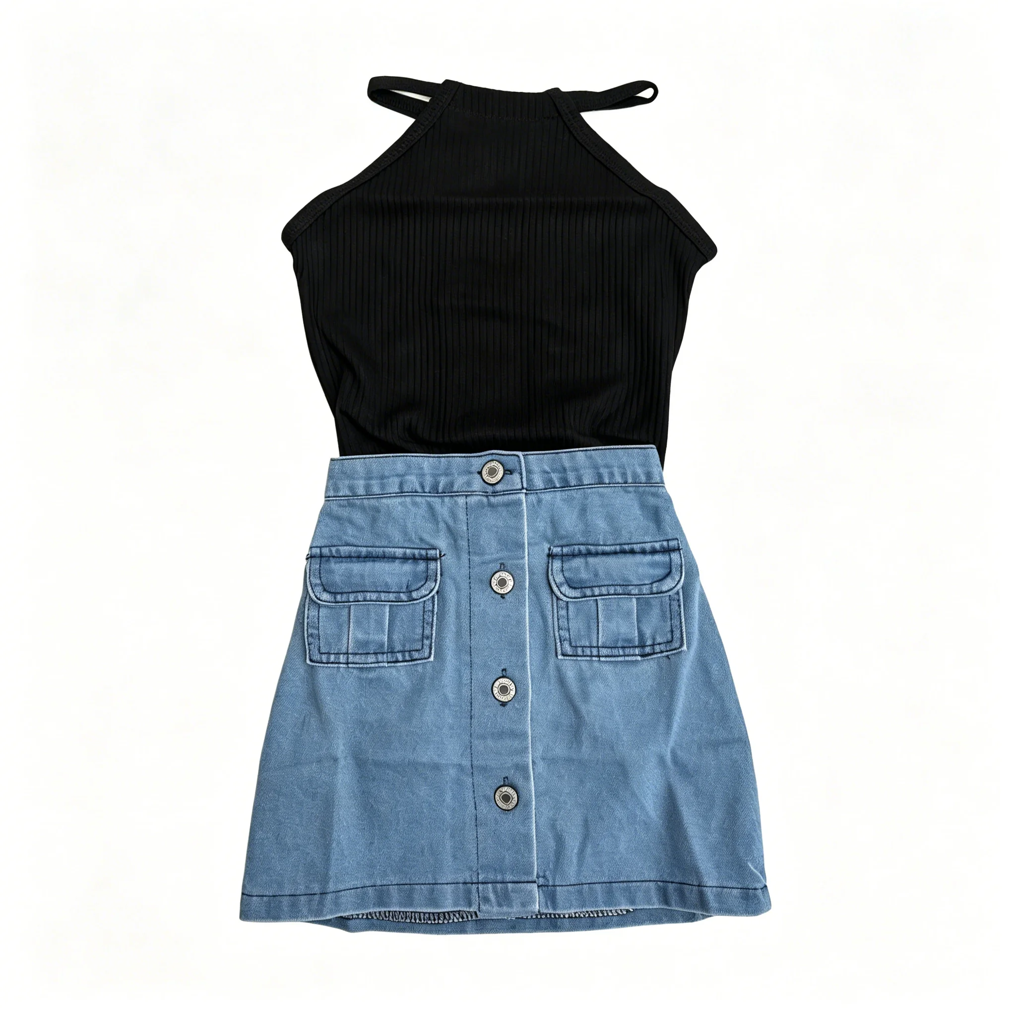 Summer Children Girls Halter Tops Denim Skirts 2pcs Kids Girls Clothing Suits