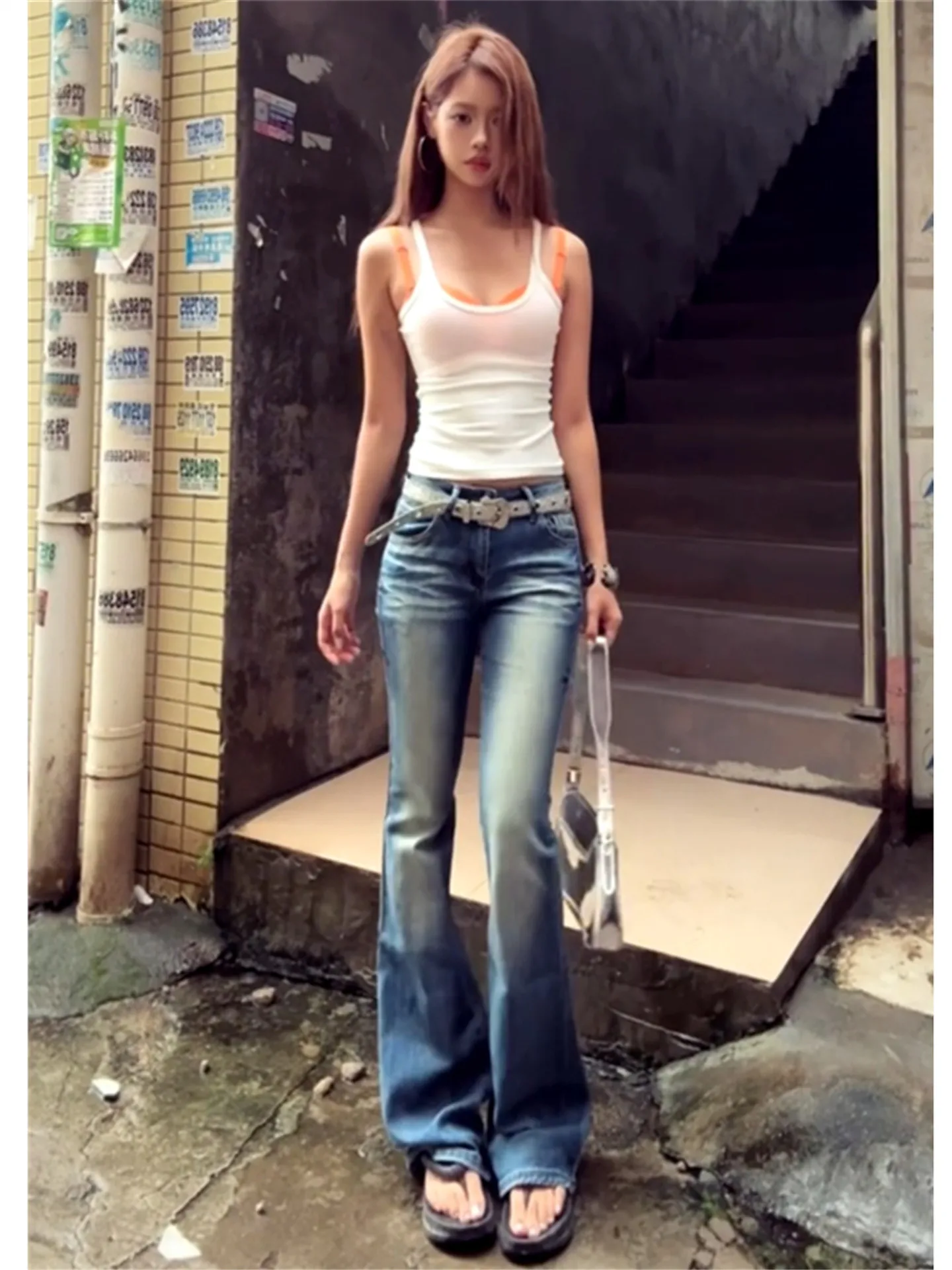 

Retro American Low Waist Bell Bottom Jeans Women's Spring Autumn Slimming Long Floor Length Cotton Casual Deep Color