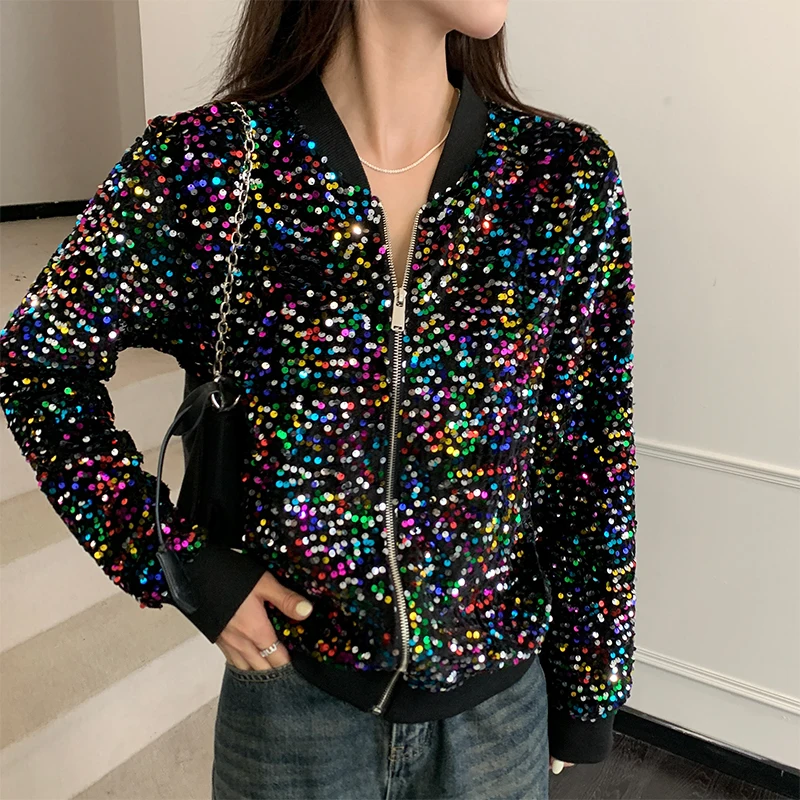 Korean Clothes Sequins Coat Sexy Zipper Shiny Jacket Bling Bling Women\'s Tops Long Sleeve Hand Made Bright Party Outerwear 2163