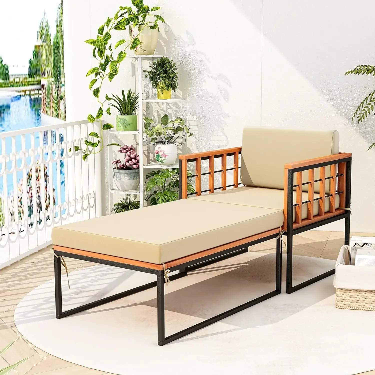 Outdoor Daybed Lounge Patio Acacia Wood Armchair with Ottoman, Patio Chaise Lounge Chair Set for Backyard, Poolside, Balcony