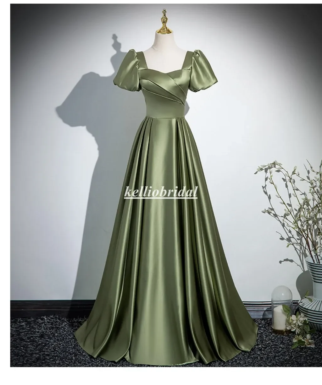 

Customized Long Bridesmaid Dresses With Short Sleeves Green Aline Satin Party Dress For Weddings MXL014