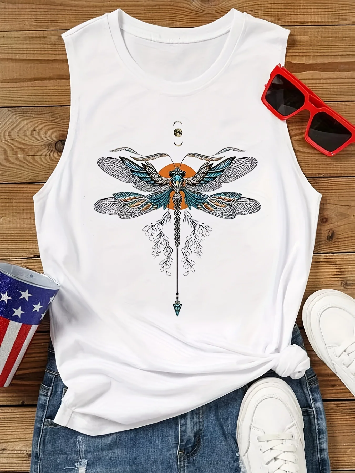 Women\'s Summer Dragonfly Print Large Casual Sleeveless Loose Tank Top T-shirt  Fashion Streetwear Oversized O-Neck Vest Off