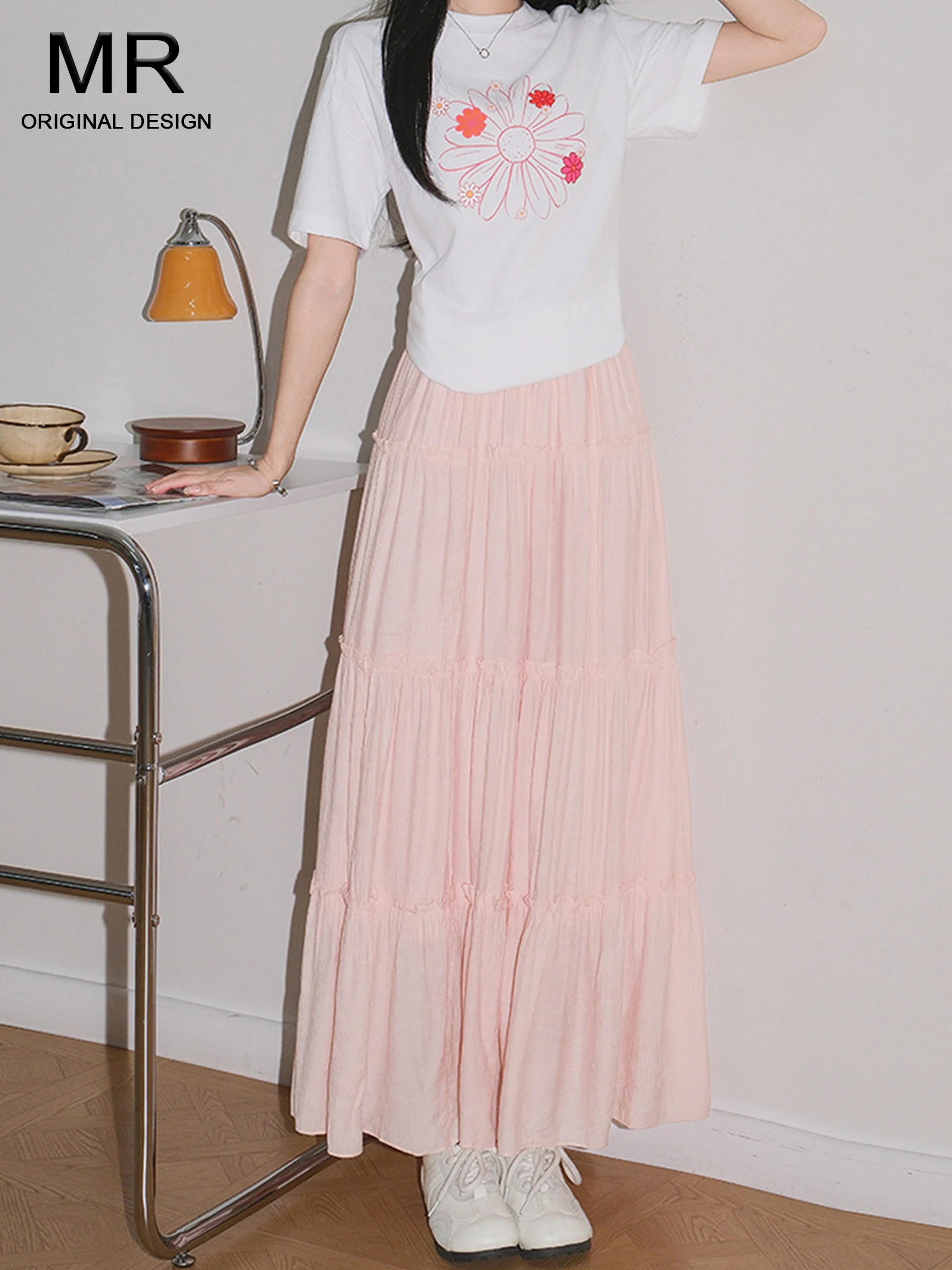 

Pink High Waist A-Line Skirt Women's Gentle Ballet Style Summer Slimming Skirts Casual Folded Daily Wear No Slit