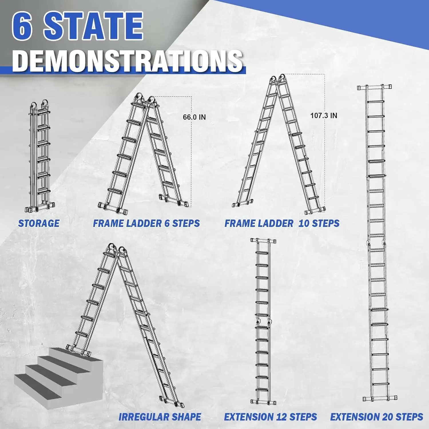 Ladder, A Frame 6 Step Extension Ladder, 22 Ft Multi Position Ladder with Removable Tool Tray and Stabilizer Bar, 330 lb