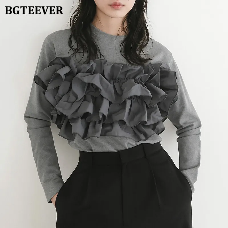

BGTEEVER Stylish Ruffles O-neck Long Sleeve Female T-shirts Autumn Ladies Cotton Tees