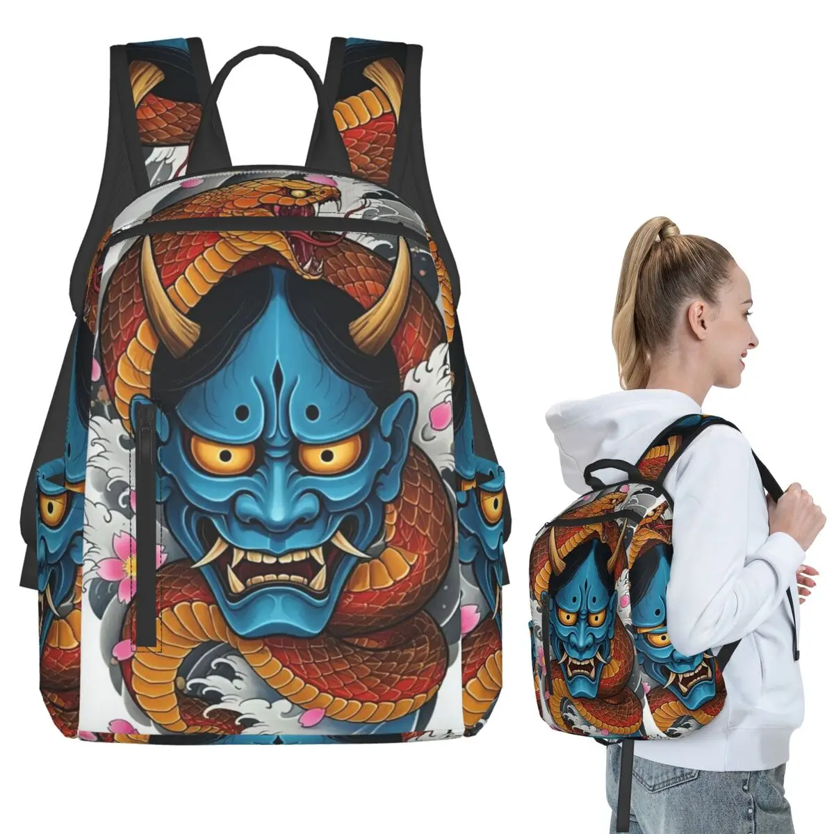 Oni Demon Gaiter Japanese Samurai Ronin Face Backpack Student BookBag Boys Girls School Bag Computer Shoulder Bags Men Women