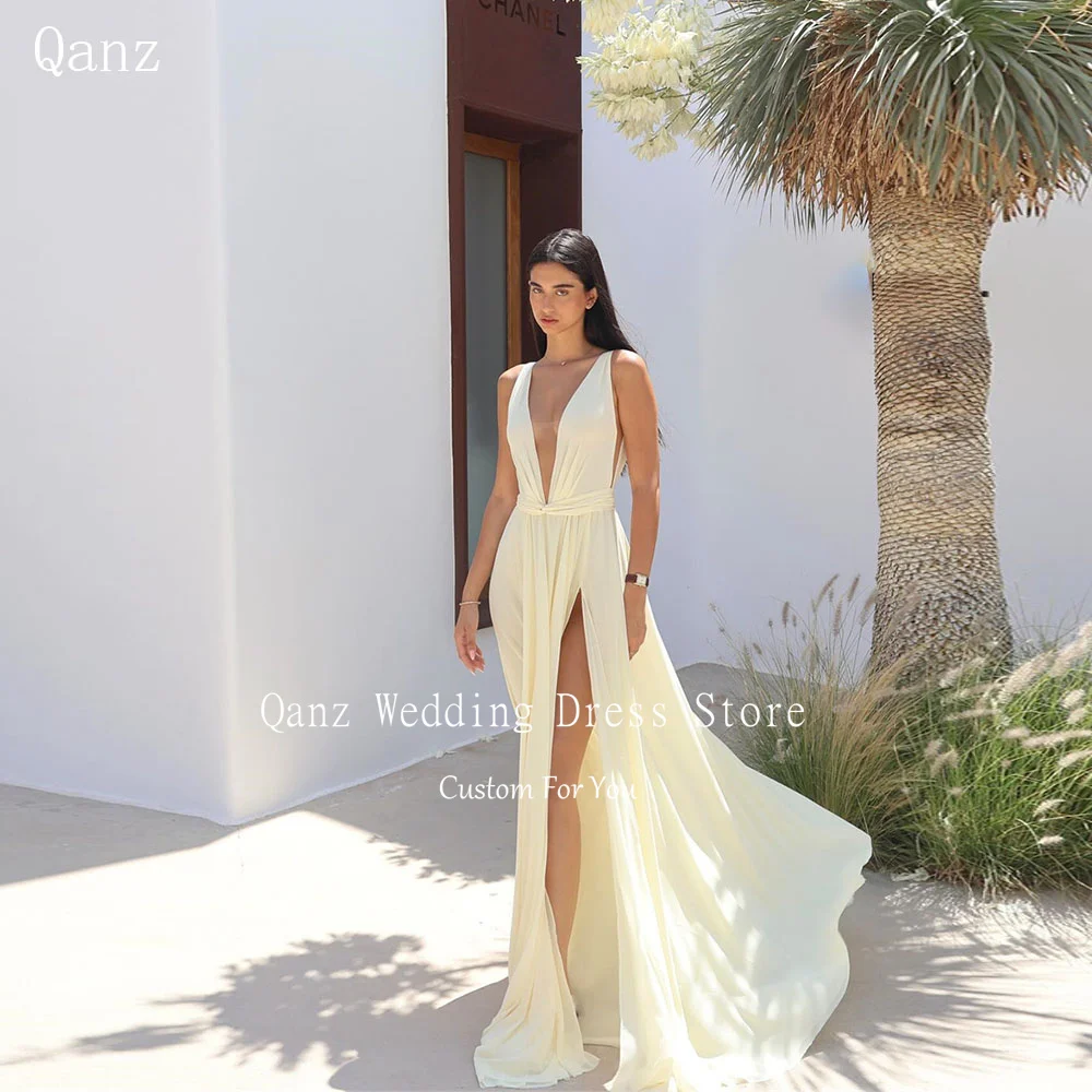

Qanz Modest Chiffon Prom Dresses Yellow Deep V Neck High Slit Beach Party Gowns Long A Line Evening Dress Women Customized