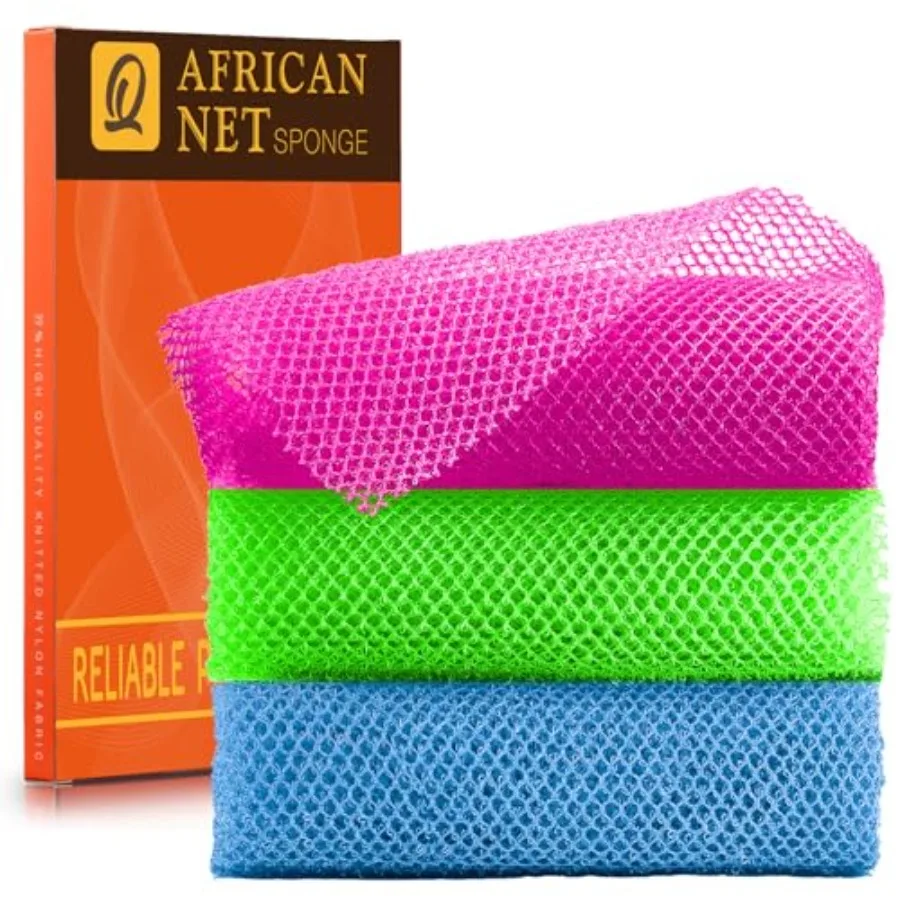 3 Pieces African Bath Sponge African Net Long Net Bath Sponge Exfoliating Shower Body Scrubber Back Scrubber Skin Smoother, Gre