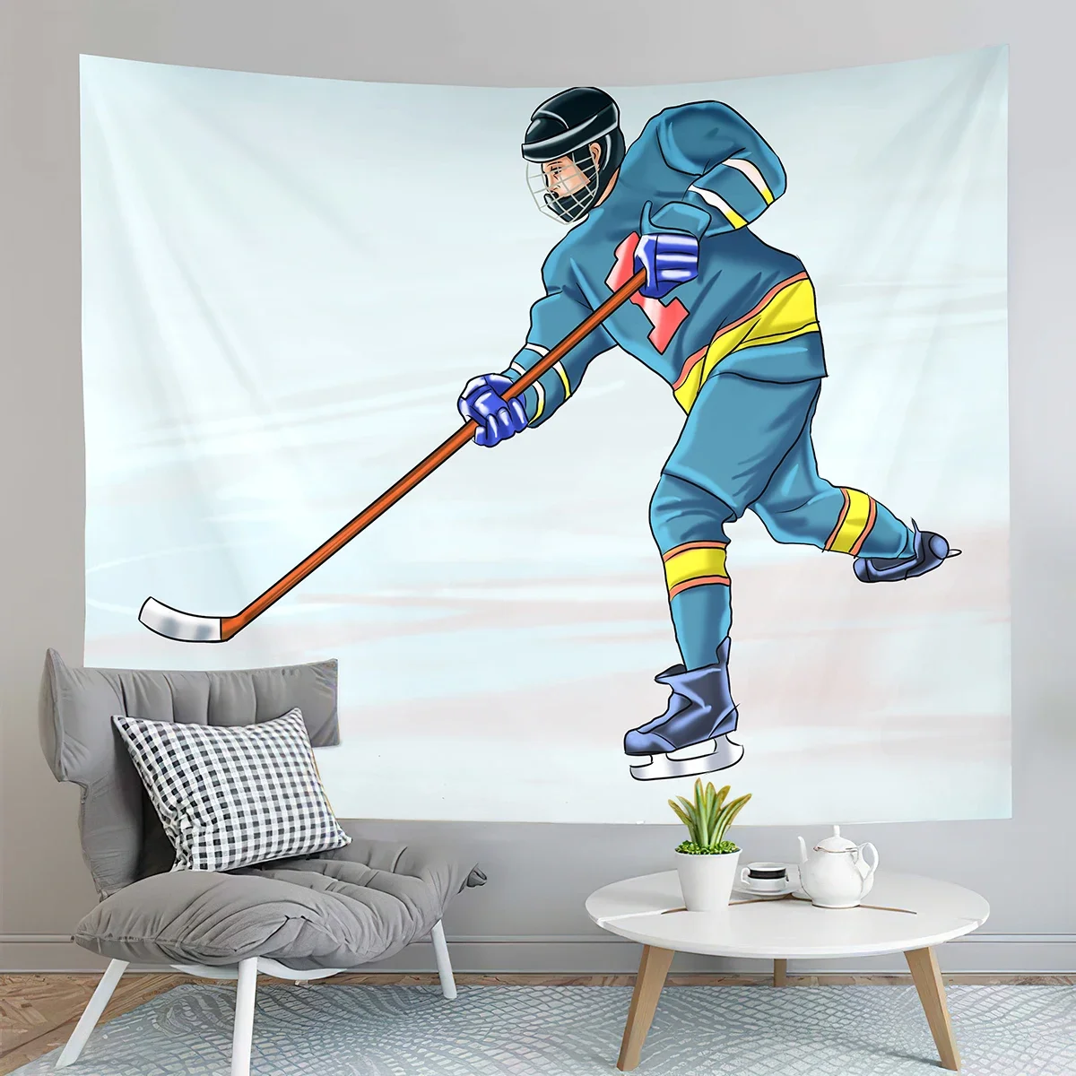 Ice Hockey Player and Puck Tapestry Modern Sport Illustration Tapestry Aesthetic Home Decor Tapestry for Living Room Bedroom