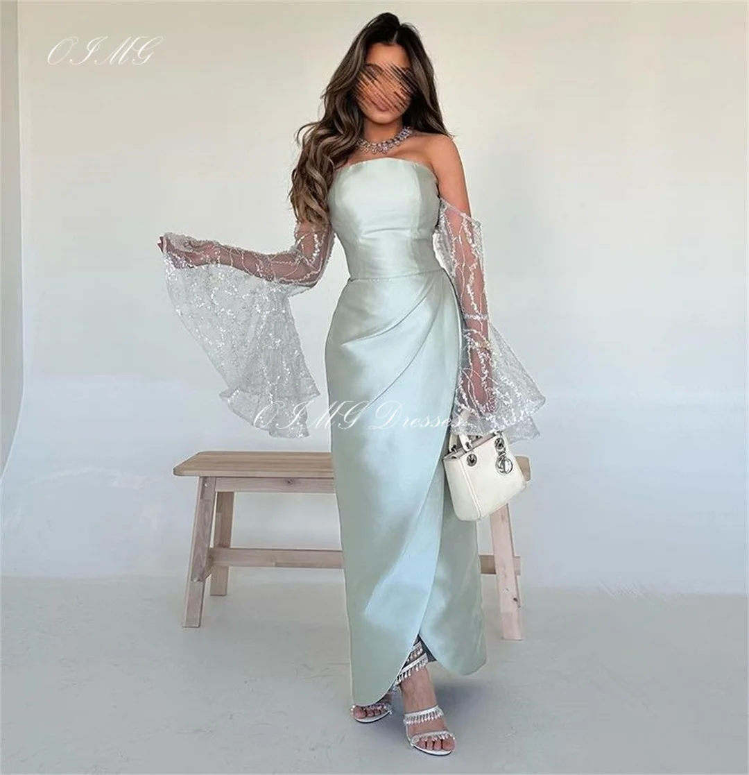 

OIMG Saudi Strapless Satin Ivory Prom Dresses Glitter Sequined Sleeves Mermaid Vintage Simple Evening Gowns Formal Party Dress